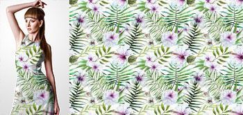 09020v Materiał ze wzorem malowane duże kwiaty (hibiskus), tropikalne liście w stylu akwareli